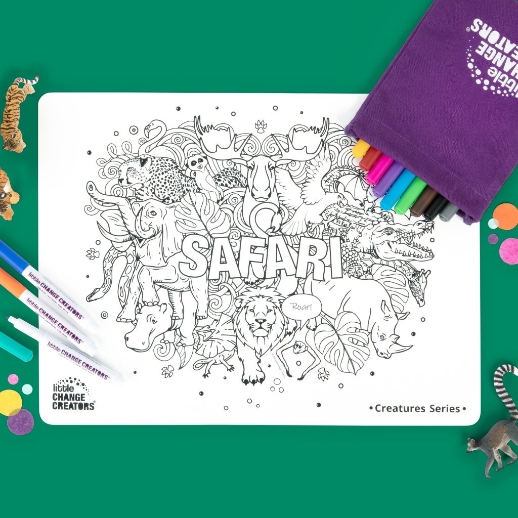 LITTLE CHANGE CREATORS - CHILDREN'S REUSABLE COLOURING MAT KIT: SAFARI