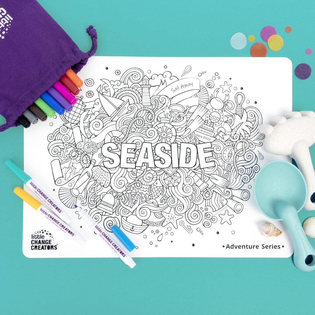 LITTLE CHANGE CREATORS - CHILDREN'S REUSABLE COLOURING MAT KIT: SEASIDE