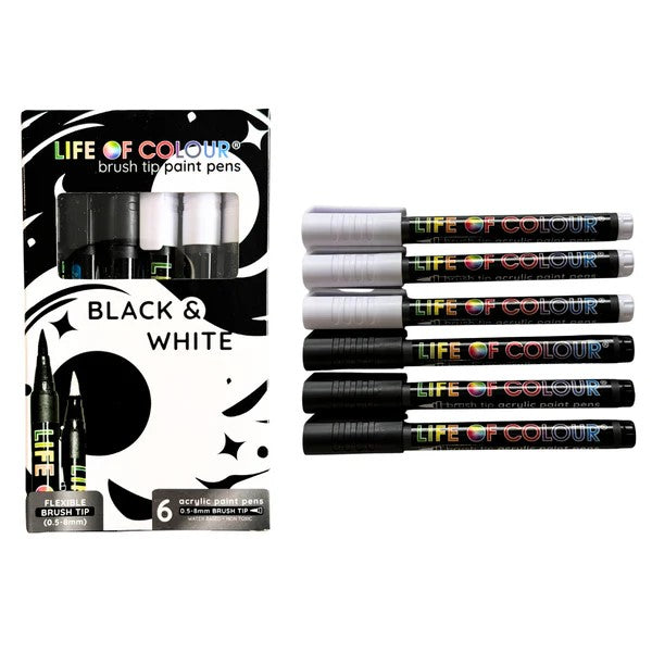 LIFE OF COLOUR - BLACK AND WHITE BRUSH TIP ACRYLIC PAINT PENS