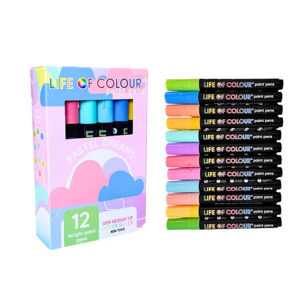 LIFE OF COLOUR - PASTEL DREAMS 3MM MEDIUM TIP ACRYLIC PAINT PENS: SET OF 12