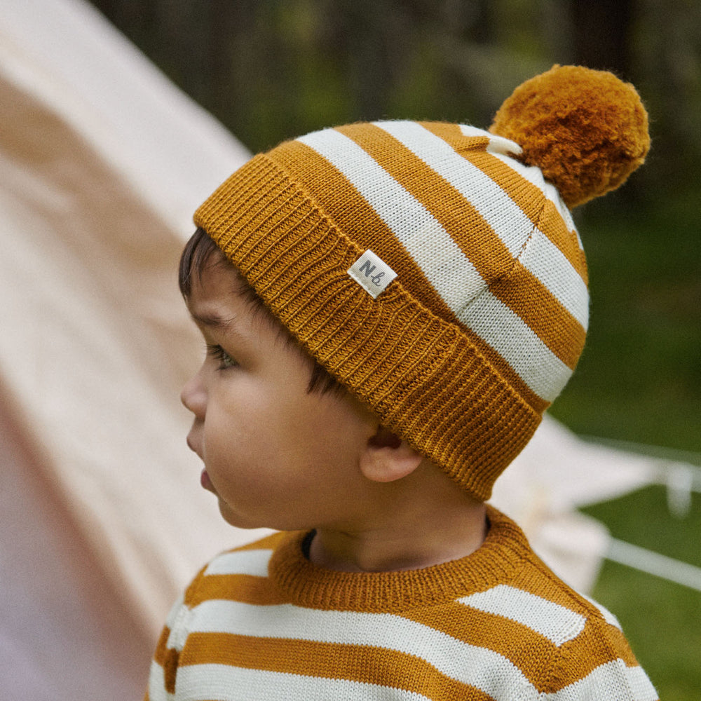 NATURE BABY - ALPINE POM POM BEANIE: TOFFEE BOLD STRIPE [sz:0-6 MTHS]