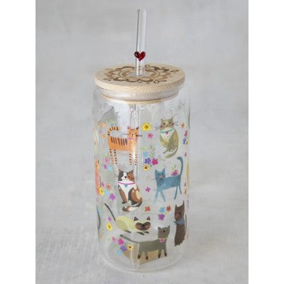 NATURAL LIFE - GLASS TUMBLER WITH LID AND STRAW: CATS