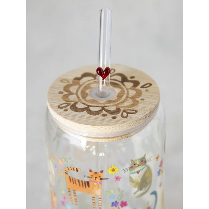 NATURAL LIFE - GLASS TUMBLER WITH LID AND STRAW: CATS