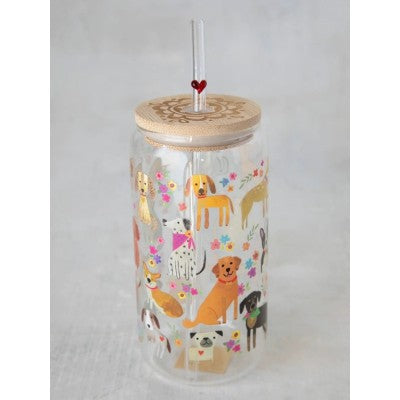 NATURAL LIFE - GLASS TUMBLER WITH LID AND STRAW: DOGS