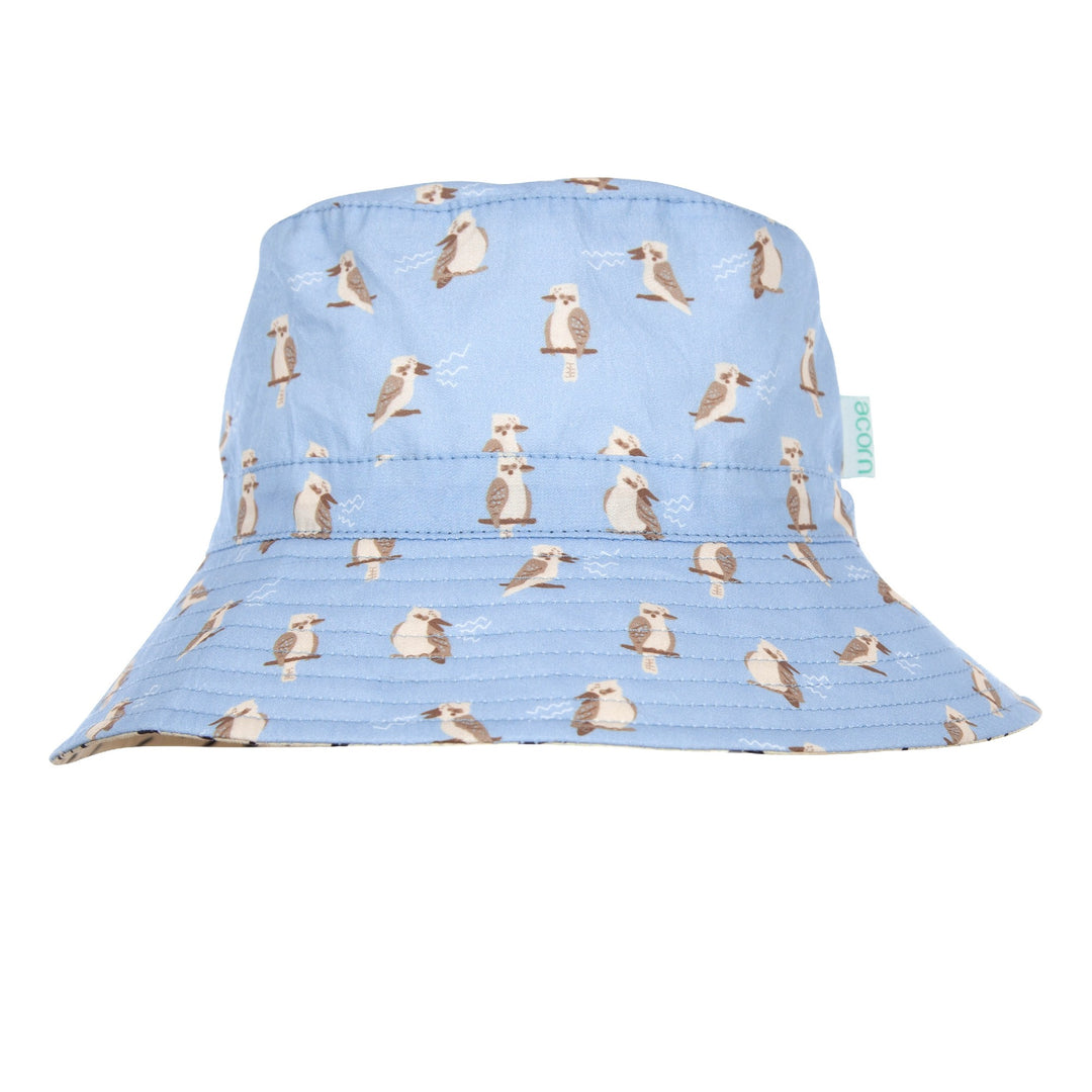 ACORN KIDS - KOOKABURRA WIDE BRIM BUCKET HAT: BLUE AND BROWN [sz:S - 50CM/9-18 MTHS]