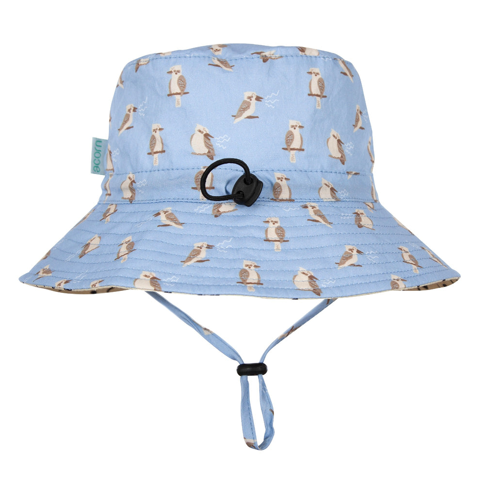 ACORN KIDS - KOOKABURRA WIDE BRIM BUCKET HAT: BLUE AND BROWN [sz:S - 50CM/9-18 MTHS]