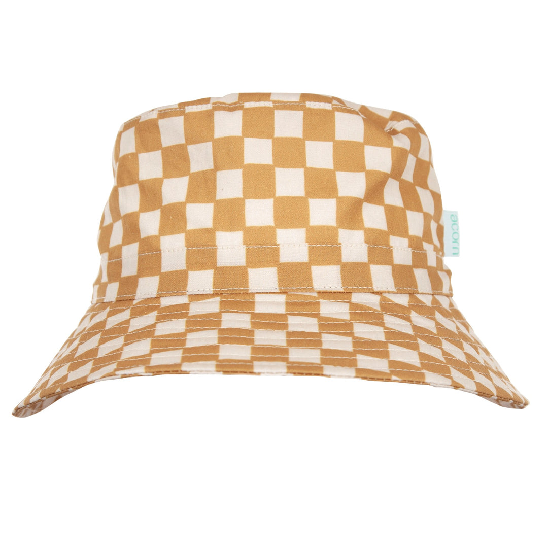 ACORN KIDS - CHECKMATE WIDE BRIM BUCKET HAT: CARAMEL AND CREAM [sz:S - 50CM/9-18 MONTHS]