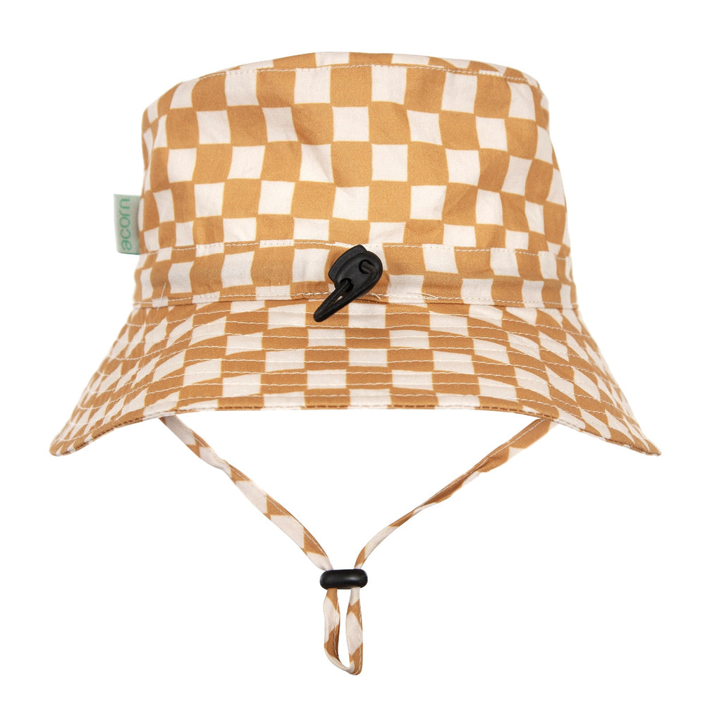 ACORN KIDS - CHECKMATE WIDE BRIM BUCKET HAT: CARAMEL AND CREAM [sz:S - 50CM/9-18 MONTHS]