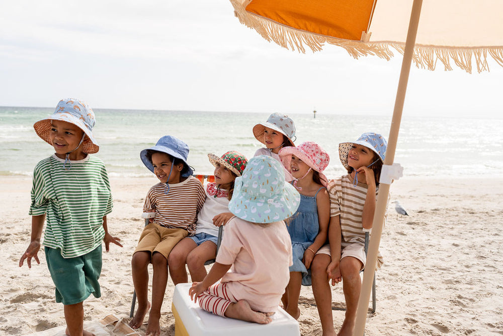 ACORN KIDS - TULIP BROAD BRIM BUCKET HAT: GREEN PEACH, YELLOW FLORAL [sz:S - 50CM/9-18 MONTHS]