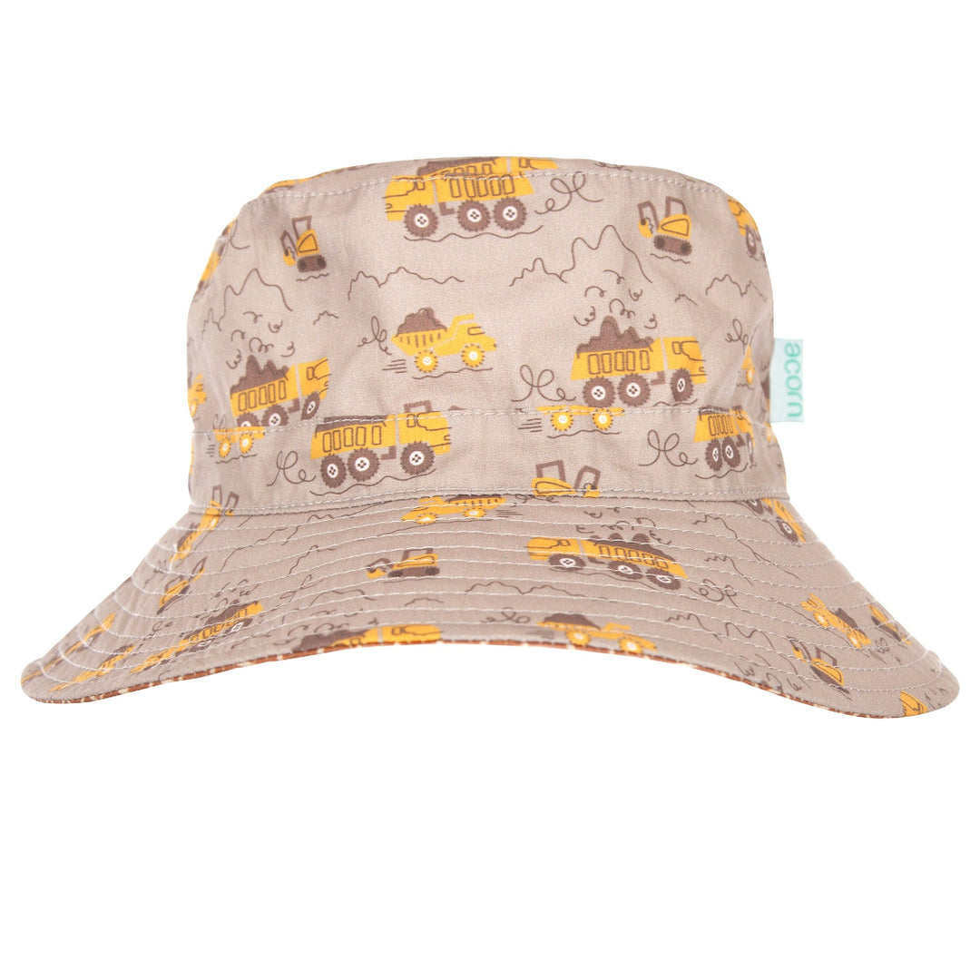 ACORN KIDS - CONSTRUCTION WIDE BRIM BUCKET HAT: BROWN AND YELLOW [sz:S - 50CM/9-18 MONTHS]