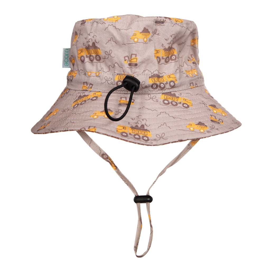 ACORN KIDS - CONSTRUCTION WIDE BRIM BUCKET HAT: BROWN AND YELLOW [sz:S - 50CM/9-18 MONTHS]