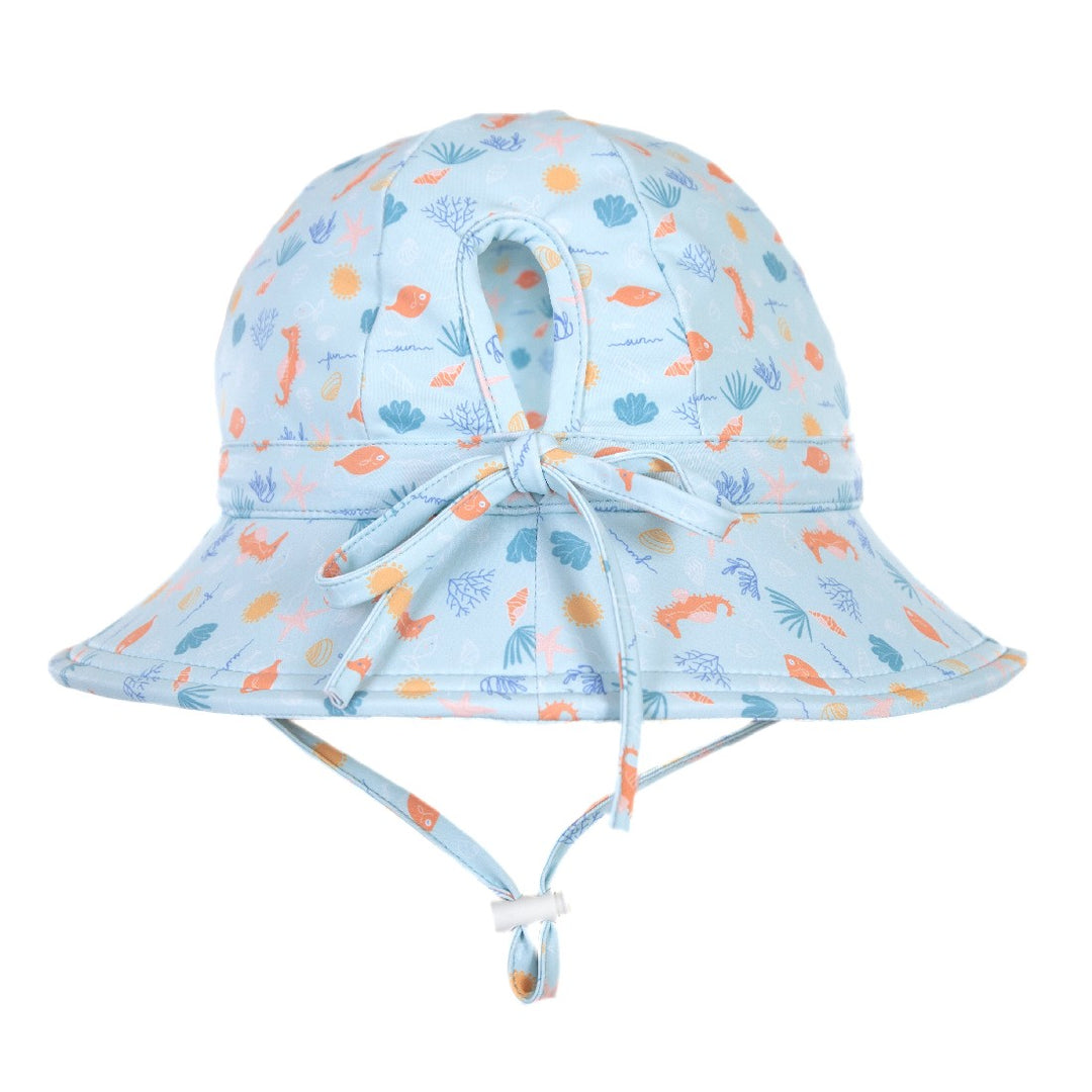 ACORN KIDS - TROPICAL REEF WIDE BRIM SWIM HAT: AQUA/MULTI