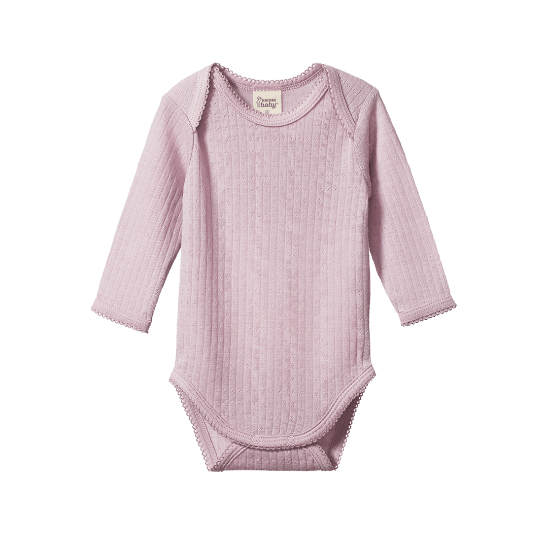 NATURE BABY - MERINO LONG SLEEVE BODYSUIT POINTELLE: LILAC [sz:NB]