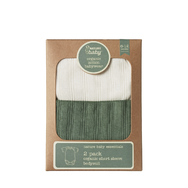 NATURE BABY - SHORT SLEEVE BODYSUIT DERBY 2 PACK: NATURAL/NETTLE [sz:0-3 MTHS]