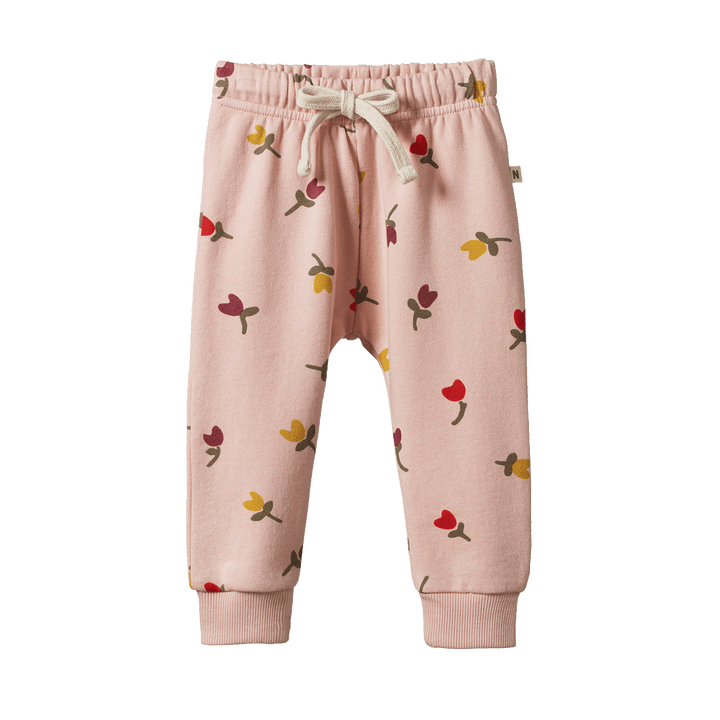 NATURE BABY - SUNDAY TRACK PANTS: TULIPS ROSEDUST PRINT [sz:6-12 MTHS]