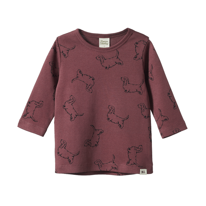 NATURE BABY - LONG SLEEVE RIVER TEE: HAPPY HOUNDS MARRON PRINT [sz:6-12 MTHS]