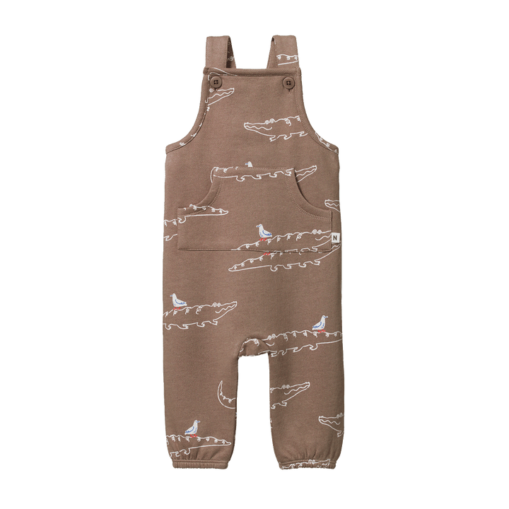 NATURE BABY - TOBI OVERALLS SWEATSHIRTING: CURIOUS CROCODILES PRINT [sz:0-3 MTHS]