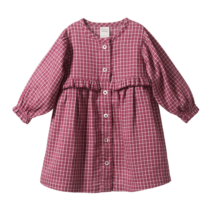 NATURE BABY - INGRID DRESS: RHUBARB CHECK [sz:6-12 MTHS]