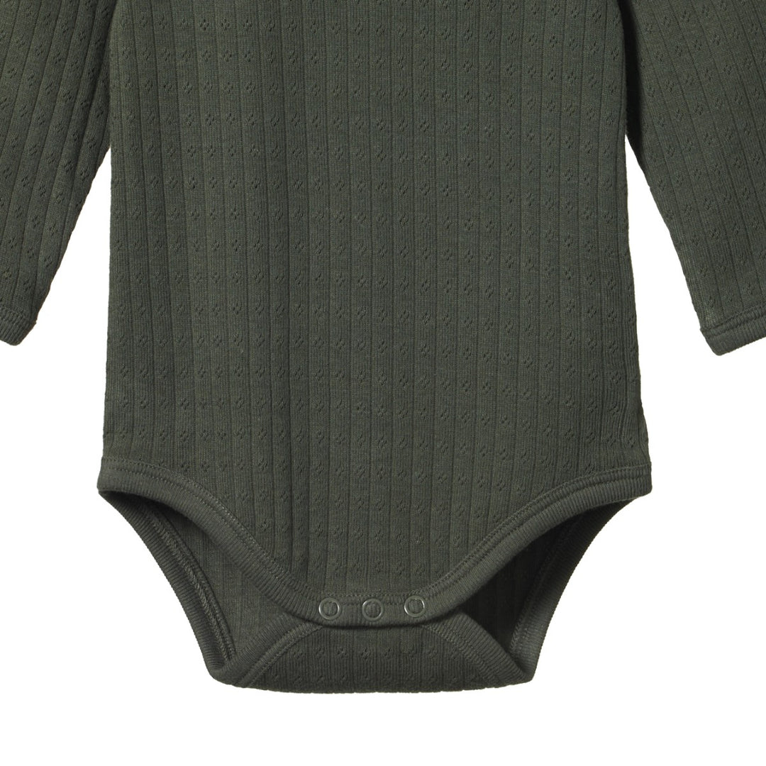 NATURE BABY - LONG SLEEVE BODYSUIT POINTELLE: THYME [sz:NB]