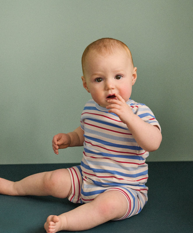 NATURE BABY - SHORT SLEEVE QUINCY ROMPER: MINERAL SURF STRIPE [sz:0-3 MTHS]