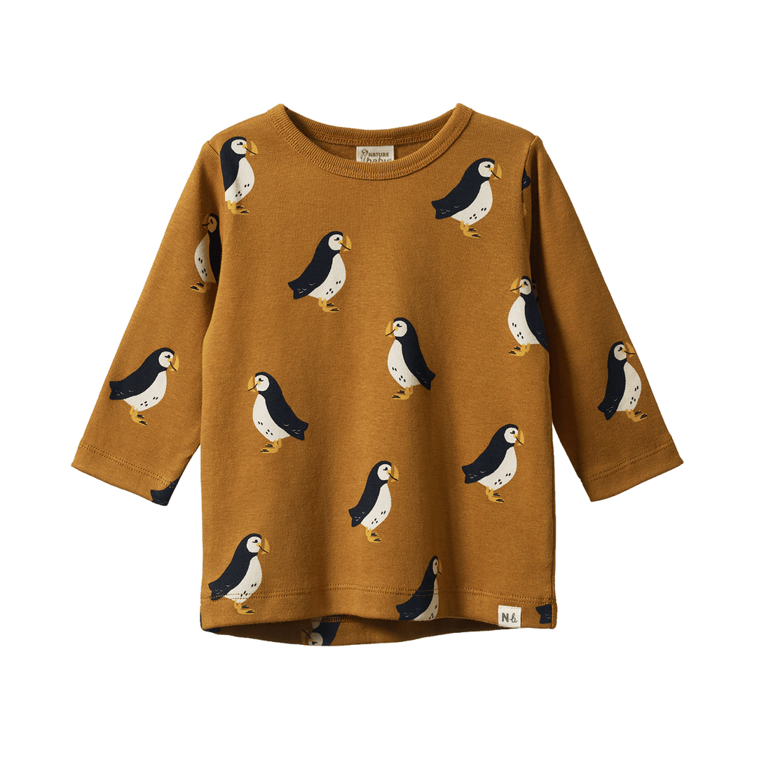 NATURE BABY - LONG SLEEVE RIVER TEE: PUFFIN TOFFEE PRINT [sz:6-12 MTHS]