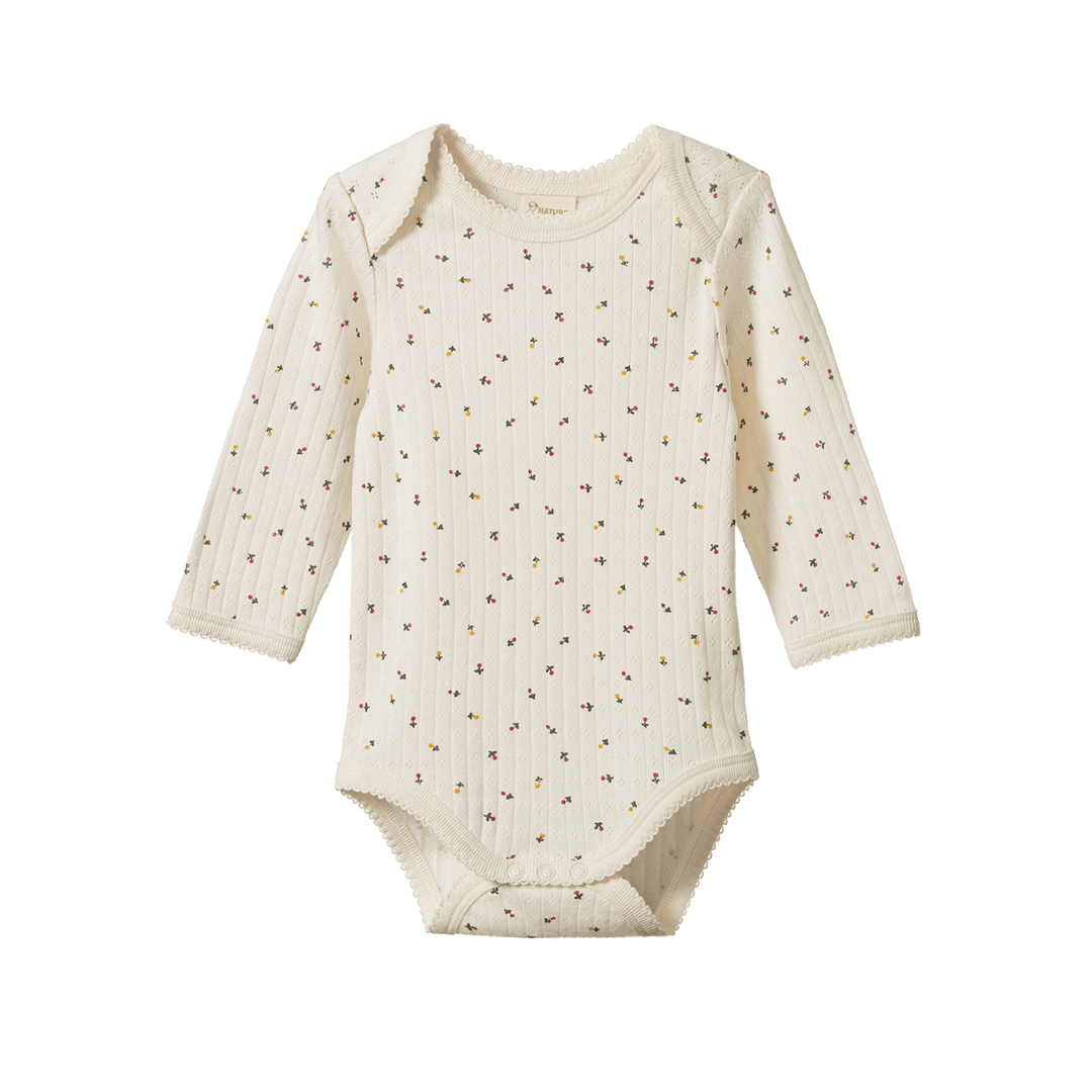 NATURE BABY - LONG SLEEVE BODYSUIT POINTELLE: ASTER FLORAL PRINT [sz:NB]