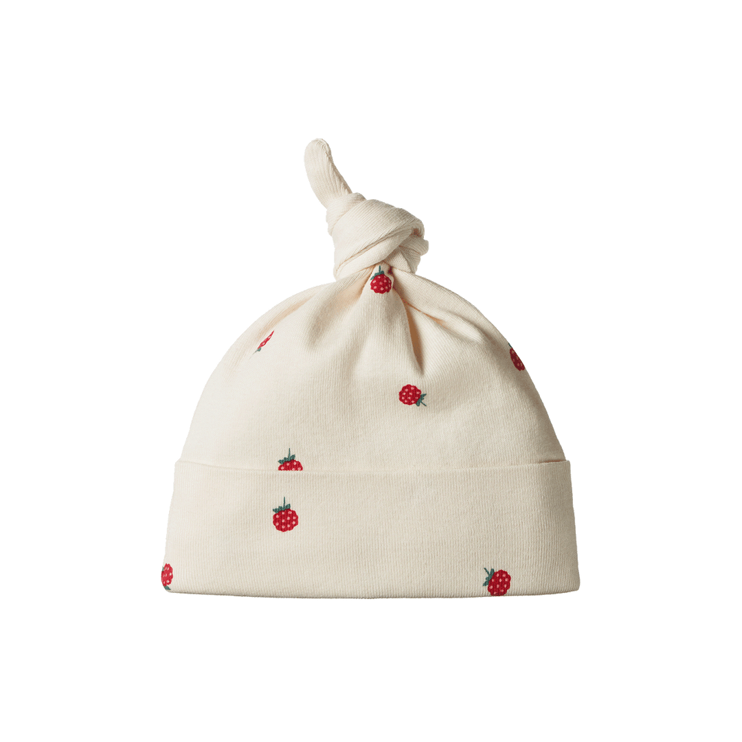 NATURE BABY - COTTON KNOTTED BEANIE: RASPBERRY PRINT [sz:NB]