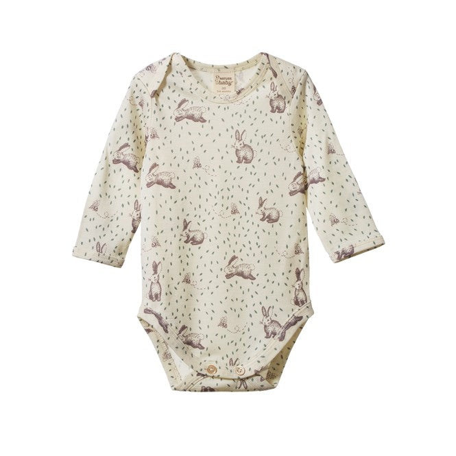 NATURE BABY - MERINO LONG SLEEVE BODYSUIT: RABBITTY PRINT [sz:0-3 MTHS]