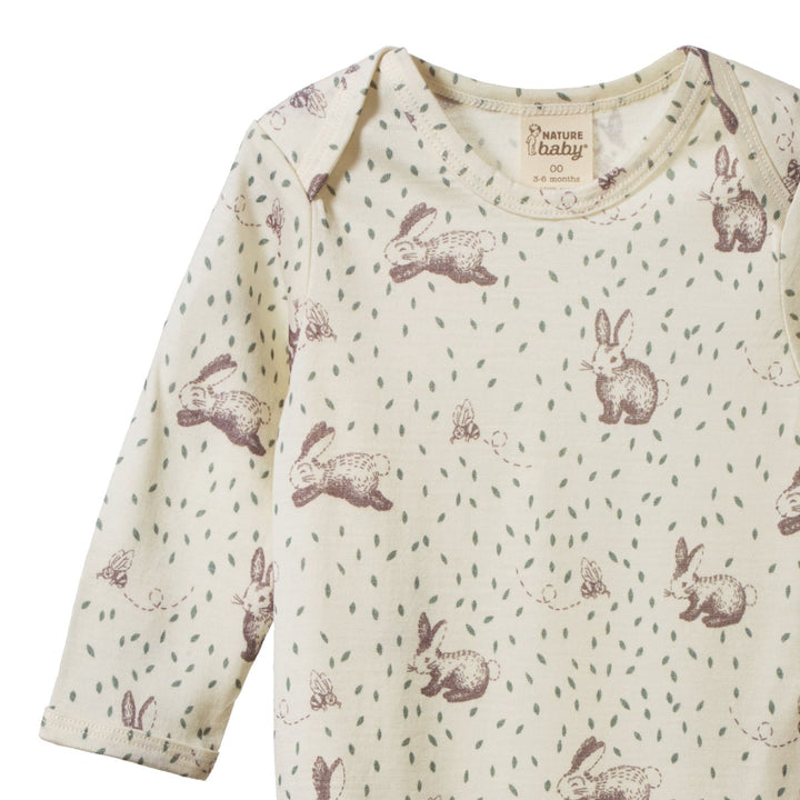 NATURE BABY - MERINO LONG SLEEVE BODYSUIT: RABBITTY PRINT [sz:0-3 MTHS]