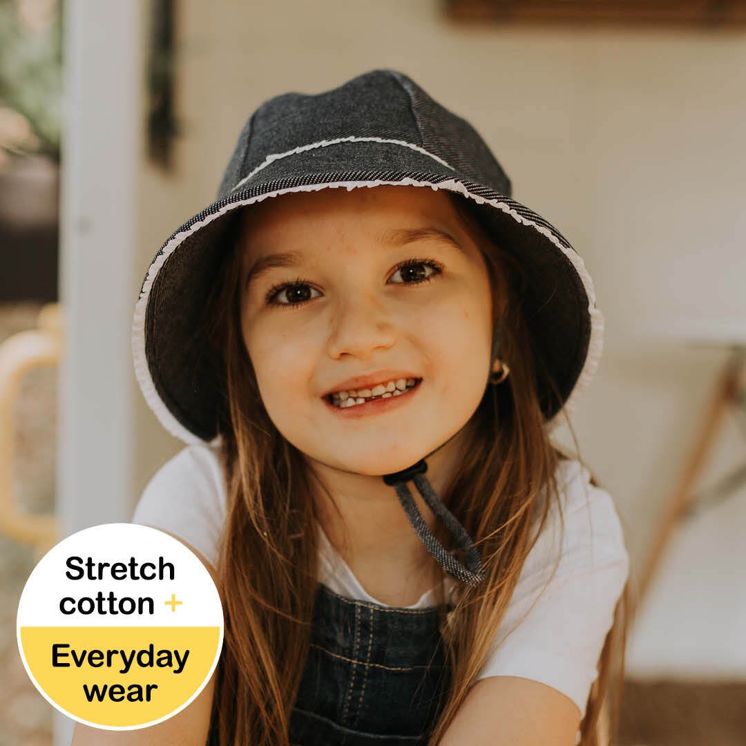 BEDHEAD - BUCKET HAT PONYTAIL RUFFLE TRIM: DENIM